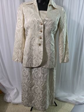 Katherine Kay Jacquard Pencil Skirt Suit, Size 10, Cream & Gold